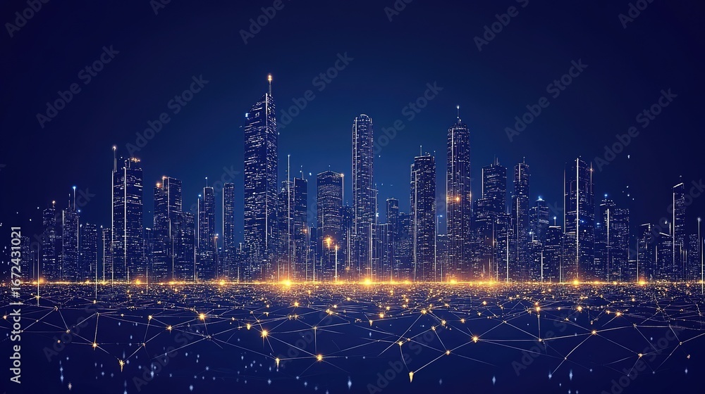 Fototapeta premium Nighttime Digital Cityscape with Neon - Lit Skyscrapers and Network - like Ground Elements 