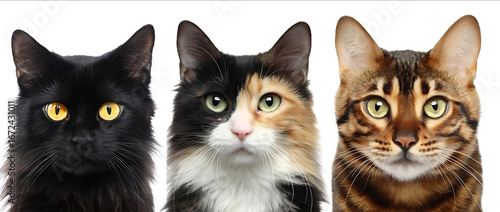 Realistic photograph of three cats one black cat with yellow eyes and brown fur another calico cat and a third Bengal cat all isolated on a white background P