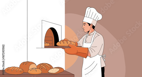 Baker Carefully Retrieving Freshly Baked Loaves From Oven Ready For The Display