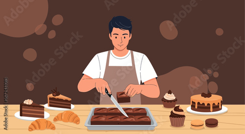 Baker Carefully Slicing Brownies with Other Delicious Desserts in the Background