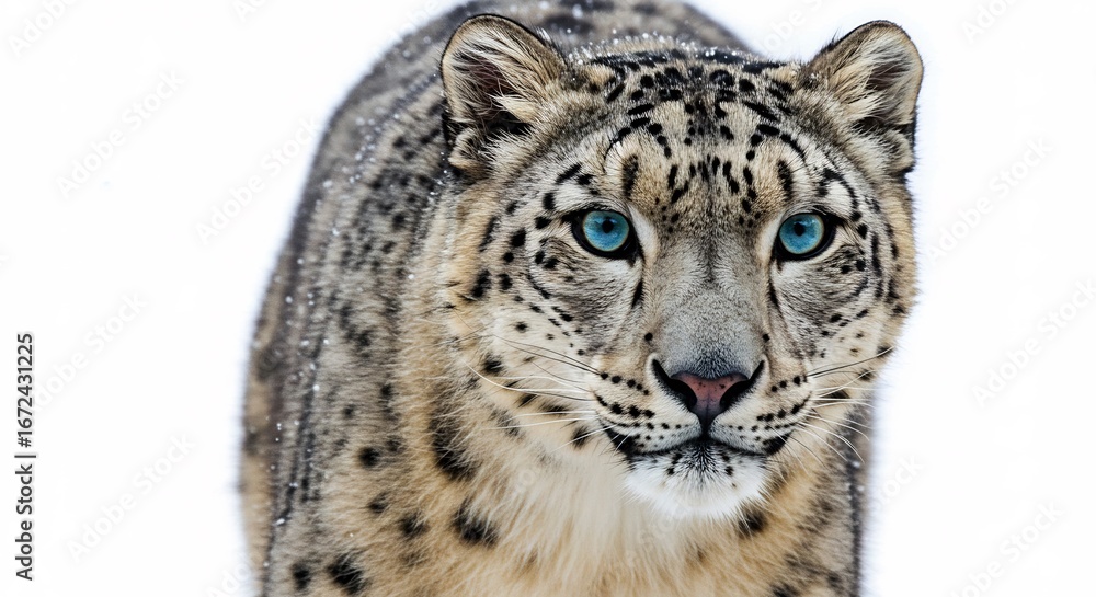 Fototapeta premium Schneeleopard blickt ruhig starkes Weiss Hintergrund leuchtend blaue Augen. AI Generated