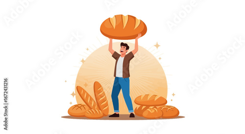 Baker Celebrating With A Large Loaf Of Bread, A Bakery Illustration