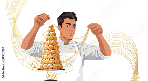Baker Crafting Exquisite Croquembouche Dessert with Precision and Artistic Flair Presentation
