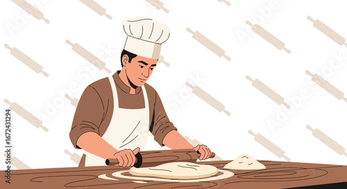 Baker Crafting Fresh Dough For a Delicious Treat in a Cartoonish and Detailed Illustration