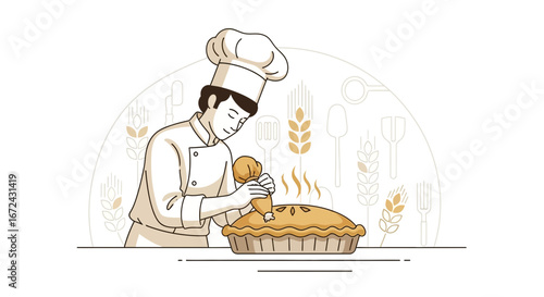 Baker Decorating Delicious Pie in Kitchen, Illustration with Culinary Artistic Design