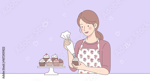 Baker Decorating Cupcake, Crafting Sweet Treat, Delightful Baking, Artistic Pastry Creation