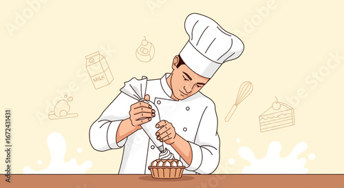 Baker Decorating Creamy Tart on Table, Illustration of Pastry Chef at Work in Kitchen