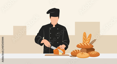 Baker Delicately Cutting Freshly Baked Loaf Of Bread For Culinary Experience