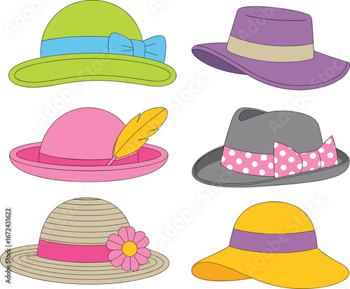 Colorful elegant hats vector illustration, stylish fashion accessories collection, summer and formal headwear designs with ribbons, bows, flowers, feathers, trendy modern style.
