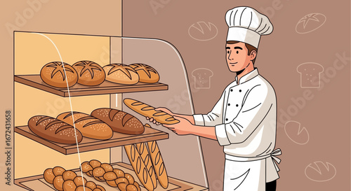 Baker Displays Freshly Baked Bread In Bakery, Showing Artisan Baking Skills And Presentation