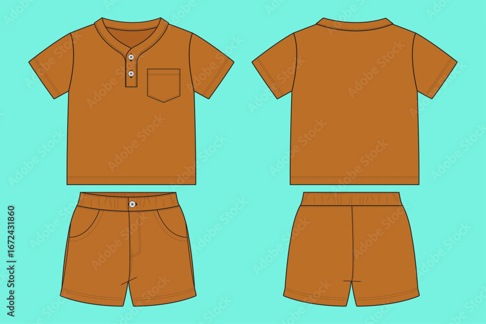 Naklejka premium Baby Kids Short Sleeve T-Shirt and Short Pant Set Fashion Flat Sketch Vector Illustration Outline.