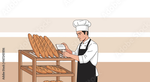 Baker Examining Freshly Baked Bread Displayed Beautifully On Bakery Shelves