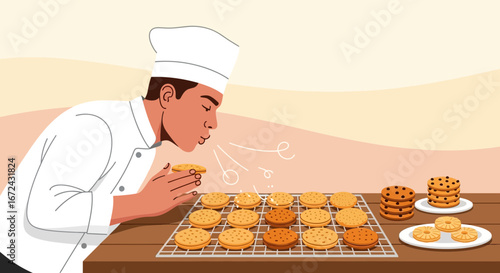 Baker Evaluating Freshly Baked Cookies Aroma, Expressing Quality, Culinary Expertise and