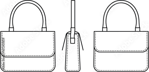 Fashion handbag vector illustration with front, side, and back view, stylish purse design template, outline drawing for branding, sewing pattern, accessory mockup presentation