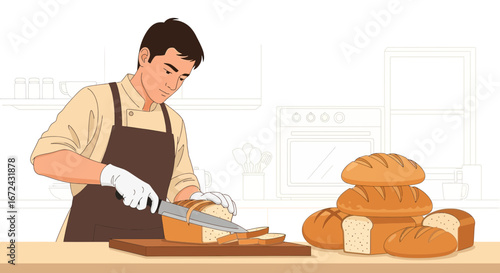 Baker Expertly Slicing Fresh Bread With Baking Goods and Kitchen Illustration