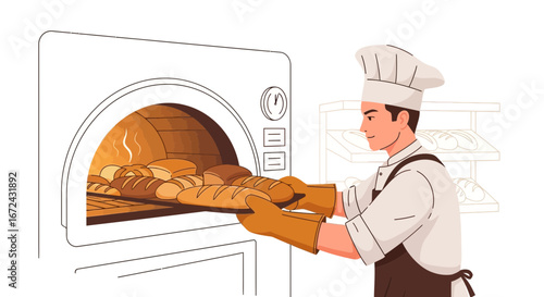 Baker Extracting Freshly Baked Bread From Oven Preparing Delicious Bakery Products