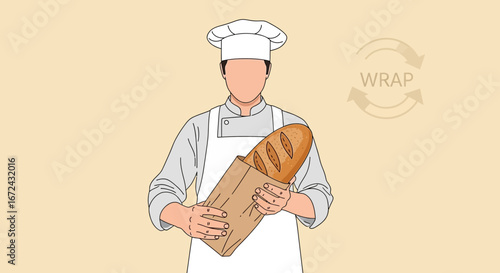 Baker Holding Fresh Bread In Paper Bag For Wrapping And Packaging In A Bakery