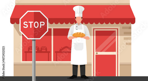 Baker Holding Fresh Loaf Of Bread Front Of His Store With A Stop Sign Showing