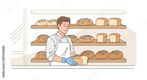 Baker Holding Freshly Baked Bread Ready To Be Displayed At The Bakery Shop