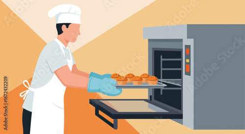 Baker Inserting Tray Of Muffins Into Oven Depicting The Art Of Baking Fresh Pastries