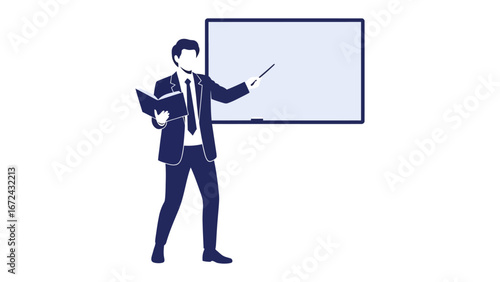 Educator's Presentation: A professional educator, in a formal suit, stands before a presentation board, delivering a concise explanation with a pointer in hand.
