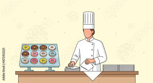Baker in Uniform Preparing Delicious Donuts for Breakfast or Dessert Service Presentation
