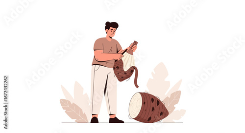 Artwork Of A Person Peeling A Large Root Vegetable For Food Preparation