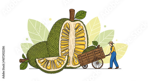 Artwork Of Freshly Harvested Exotic Jackfruit In A Rustic Cart For Market Display