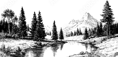 Serene mountain landscape with river and pine trees in vintage sketch style for nature artwork