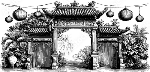 Intricate vintage engraving of traditional asian gateway in black and white for decorative design