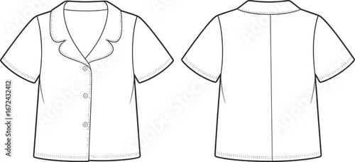 Short sleeve blouse fashion vector template with scalloped collar, button down front and back view, women apparel flat sketch illustration design