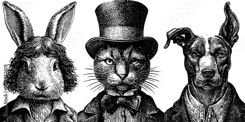 Victorian animal portraits: rabbit, cat, and dog in formal attire
