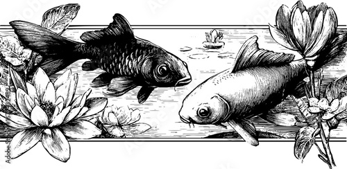 Vintage black and white engraving of koi fish and water lilies for design and decor