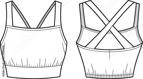 Sport bra fashion vector illustration, activewear design template with front and back view, stylish workout crop top, fitness clothing apparel mockup design