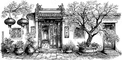 Intricate vintage engraving of traditional asian architecture with ornamental details for retro designs