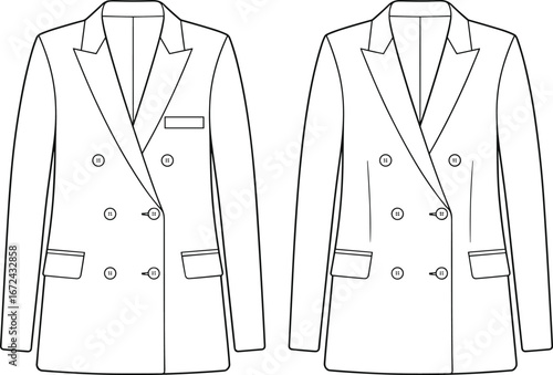 Vector fashion illustration of double breasted blazer jacket, front and back technical flat sketch, formal coat design, isolated clothing template drawing
