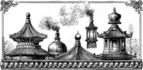 Vintage black and white engraving of ornate architectural rooftops with decorative smoke patterns