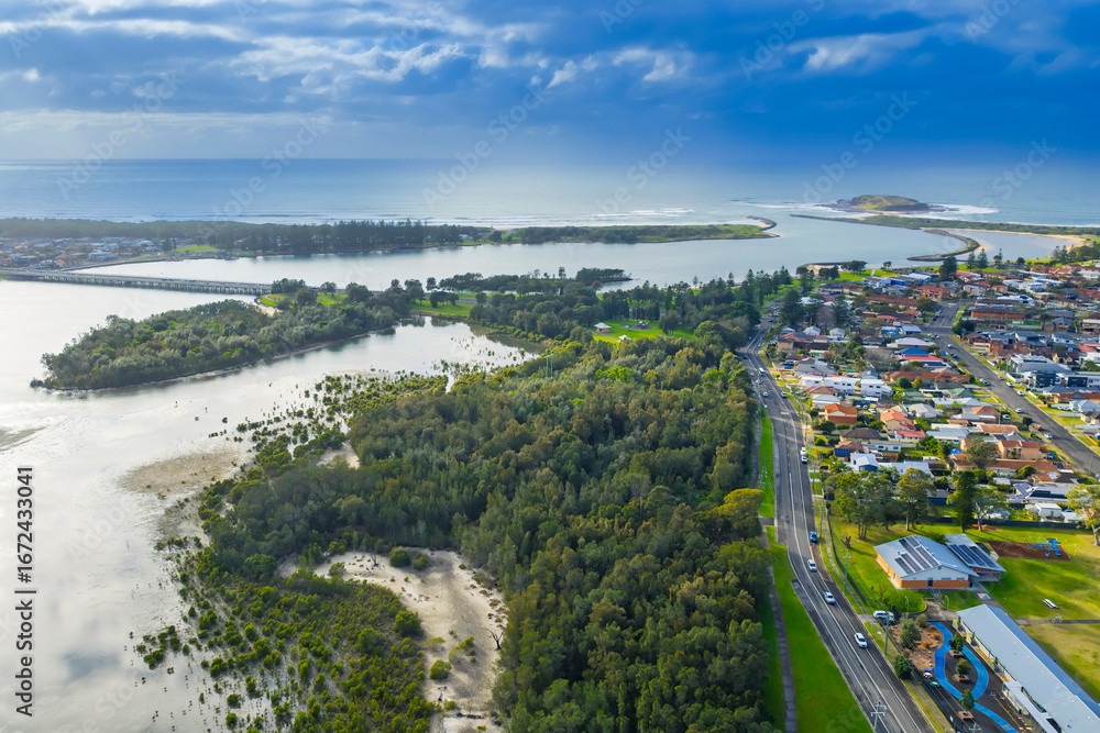 Fototapeta premium Drone aerial photograph of Lake Illawarra in the Shellharbour City Council area of the Illawarra region on the south coast of New South Wales, Australia. 