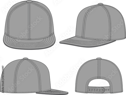 Vector illustration of snapback baseball cap mockup set, front, side, back and angled views, flat fashion technical drawing, blank hat design template