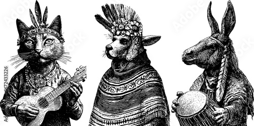 Vintage animal musicians in traditional attire black and white engraving for design use