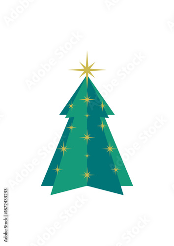 Decorated Christmas tree in graphic style with a star at the top