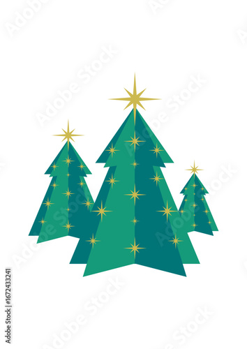 Three decorated Christmas trees in a graphic style with stars at the top