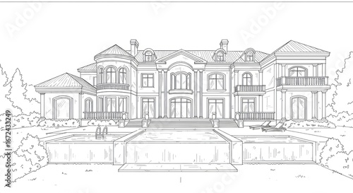 Wallpaper Mural Architectural sketch of a large luxury house with a pool. Torontodigital.ca