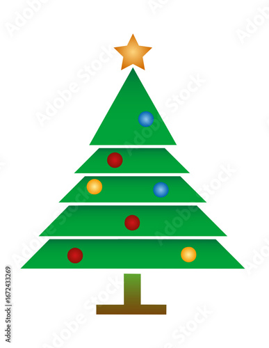 Decorated Christmas tree in graphic style with a star at the top
