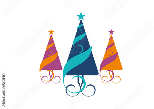 Three decorated Christmas trees in artistic and graphic design in alternative colors
