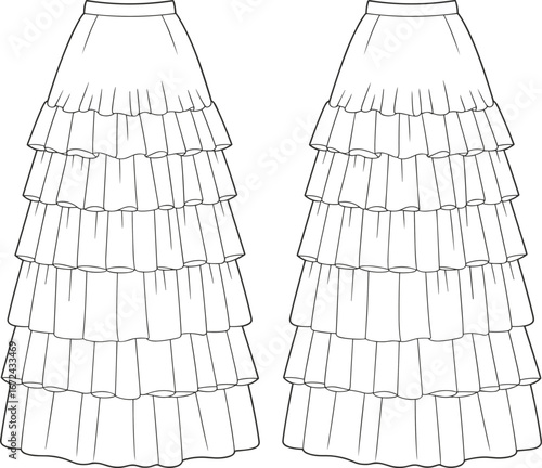 Women tiered maxi skirt fashion flat sketch, layered ruffle design, elegant long skirt vector template, apparel clothing illustration front and back view