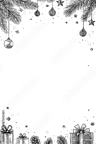 Vintage christmas border with pine cones and ornaments for holiday card design