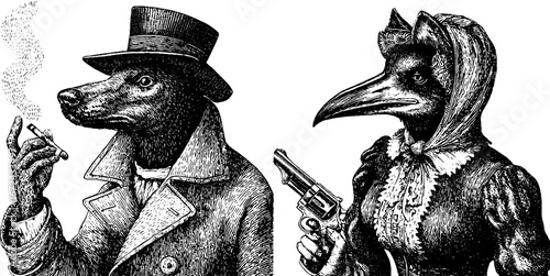 Vintage anthropomorphic animals in victorian attire - black and white engraving art for retro design