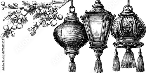 Intricate black and white vintage lanterns with blossoms sketch for retro design