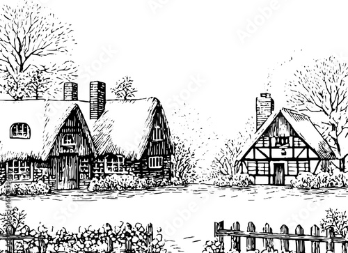 Charming vintage engraving of rustic cottages and trees in black and white for classic decor